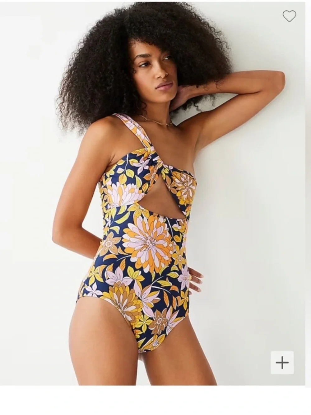 J. Crew One-Shoulder Floral Cutout Swimsuit — Navy, Yellow, Pink